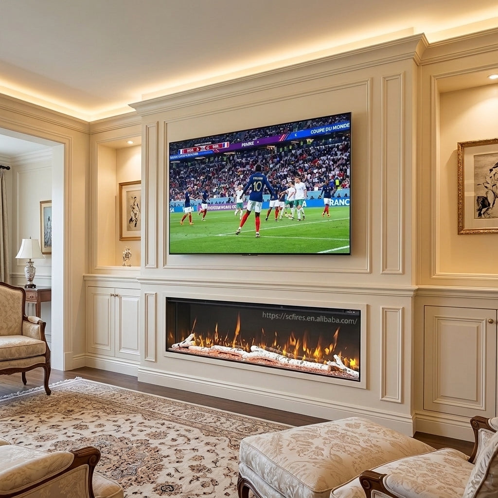 Recessed Linear Electric Fireplace Insert, Wall Mounted Electric Fire Heater, Realistic 3D Flame Effect, Black Metal Frame, Birch Log Decor, For Living Room, Bedroom, Winter Heating, Christmas Home Decor, No Gas Safe Electric Fireplace