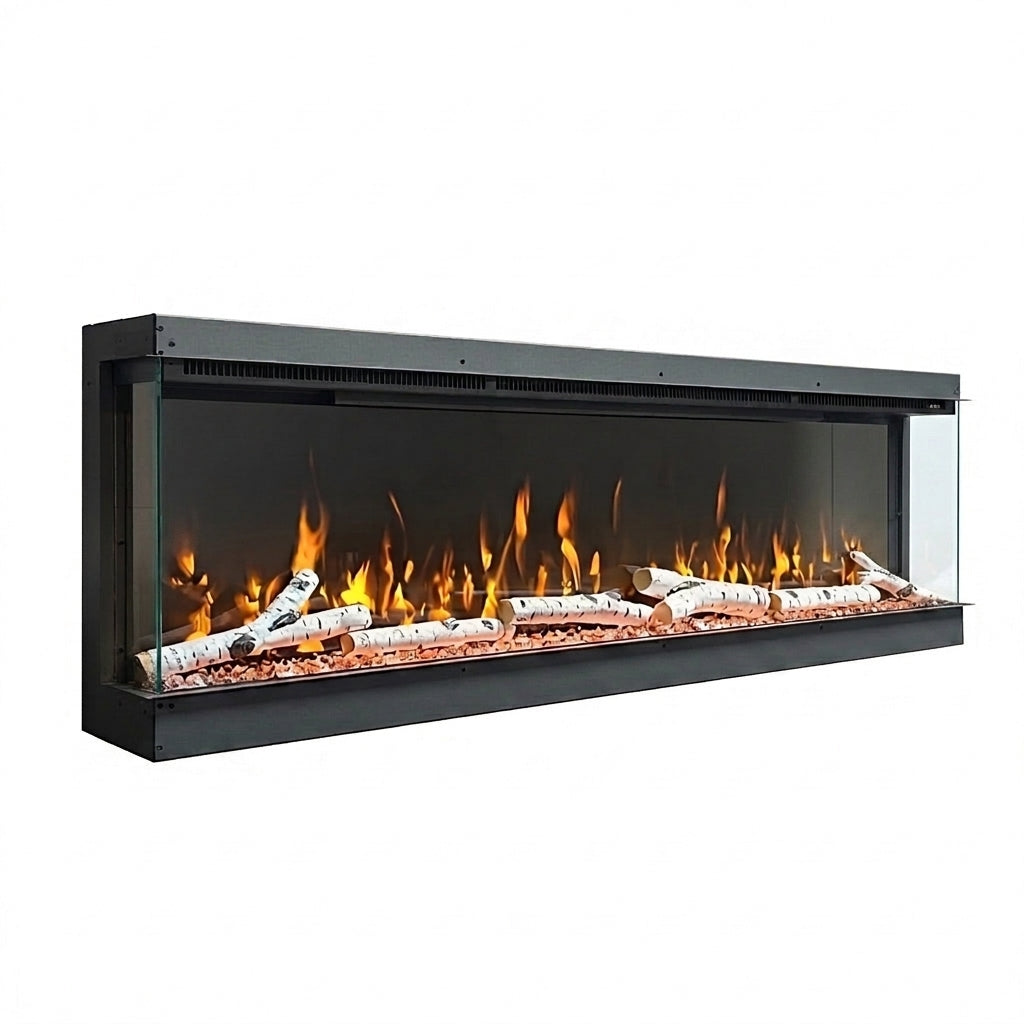 Recessed Linear Electric Fireplace Insert, Wall Mounted Electric Fire Heater, Realistic 3D Flame Effect, Black Metal Frame, Birch Log Decor, For Living Room, Bedroom, Winter Heating, Christmas Home Decor, No Gas Safe Electric Fireplace