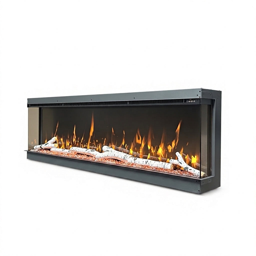 Recessed Linear Electric Fireplace Insert, Wall Mounted Electric Fire Heater, Realistic 3D Flame Effect, Black Metal Frame, Birch Log Decor, For Living Room, Bedroom, Winter Heating, Christmas Home Decor, No Gas Safe Electric Fireplace