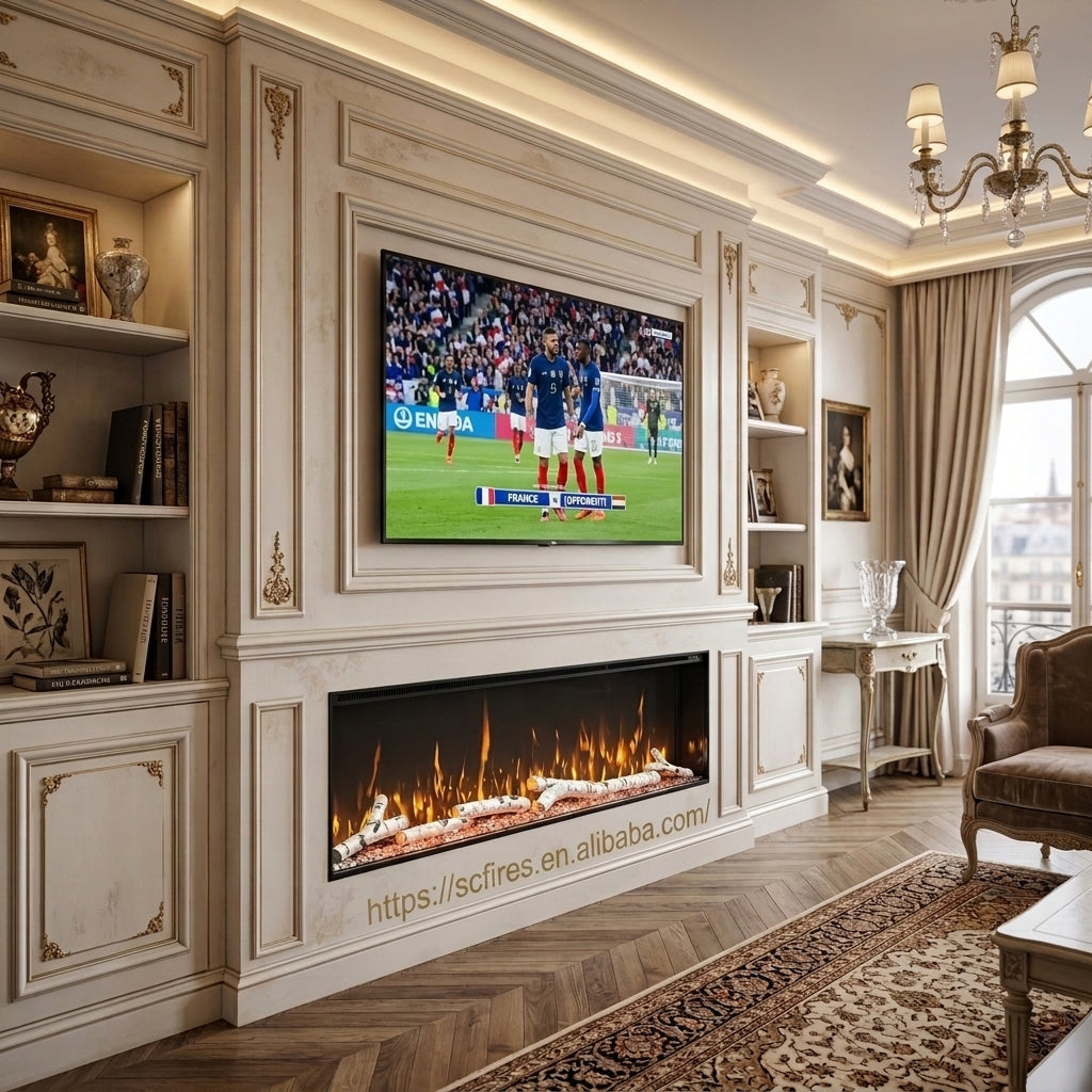 Recessed Linear Electric Fireplace Insert, Wall Mounted Electric Fire Heater, Realistic 3D Flame Effect, Black Metal Frame, Birch Log Decor, For Living Room, Bedroom, Winter Heating, Christmas Home Decor, No Gas Safe Electric Fireplace