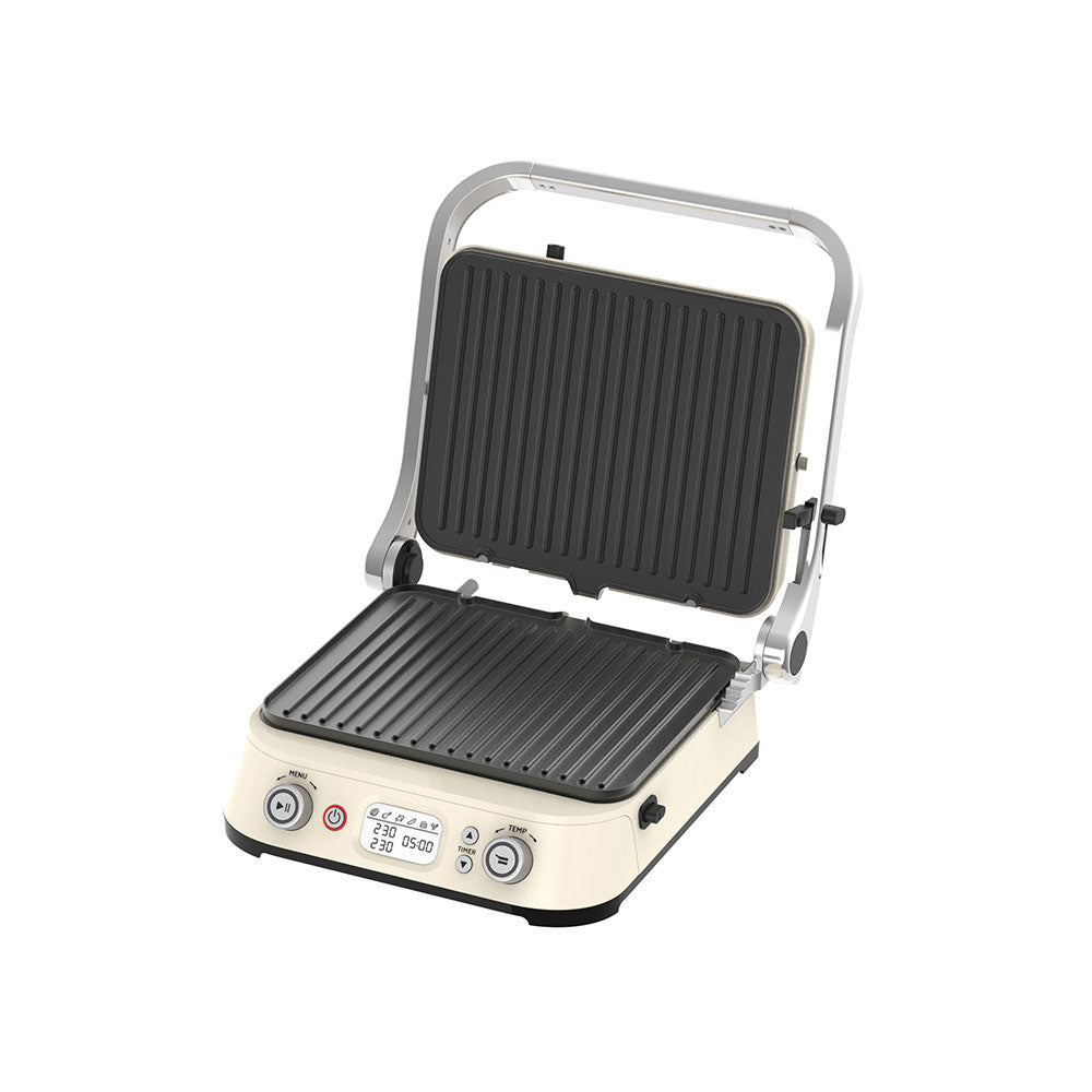 Digital LCD Electric Contact Grill Panini Press, 180° Fully Open Flat Griddle, Dual Knob Control with Timer & Temperature Setting, Non‑Stick Removable Plates, Countertop Indoor BBQ Grill for Home Kitchen, Steak Burgers Sandwich Meal Prep