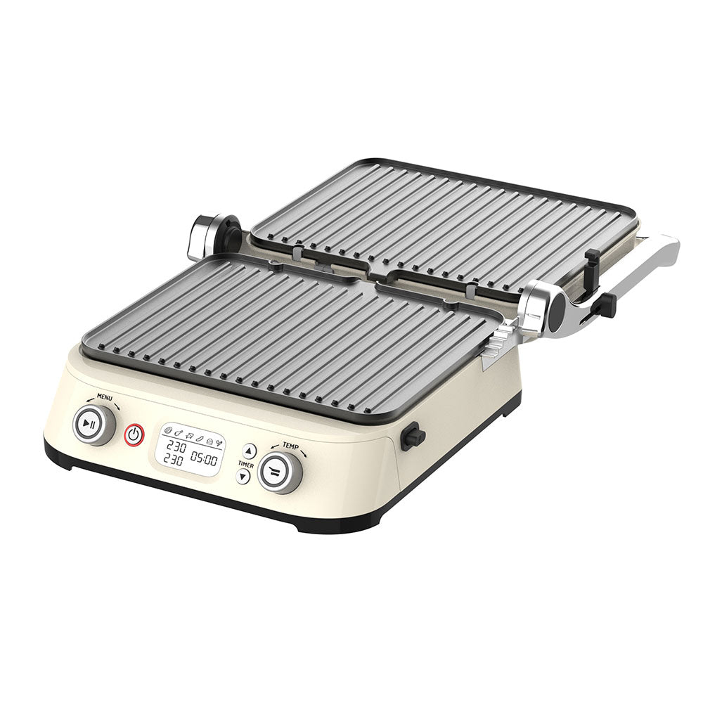 Digital LCD Electric Contact Grill Panini Press, 180° Fully Open Flat Griddle, Dual Knob Control with Timer & Temperature Setting, Non‑Stick Removable Plates, Countertop Indoor BBQ Grill for Home Kitchen, Steak Burgers Sandwich Meal Prep