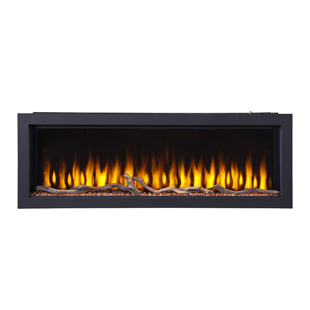 Linear Recessed Electric Fireplace Insert, Wall Embedded Electric Fire Heater, Realistic 3D Flame, Matte Black Long Frame, Free Decorative Fire Log Set, Overheat Safety Protection, Living Room Winter Heating, Christmas Home Renovation Decor