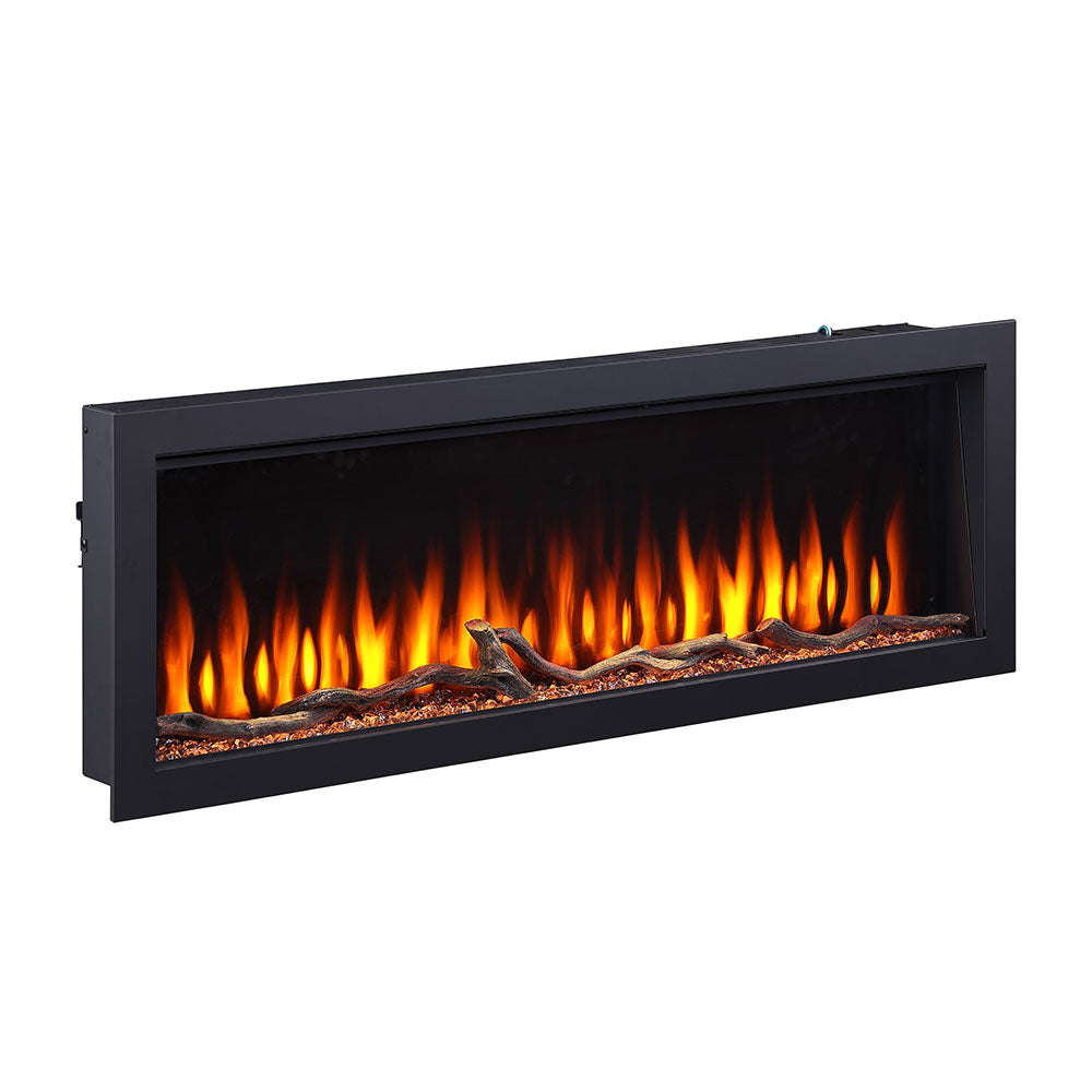 Linear Recessed Electric Fireplace Insert, Wall Embedded Electric Fire Heater, Realistic 3D Flame, Matte Black Long Frame, Free Decorative Fire Log Set, Overheat Safety Protection, Living Room Winter Heating, Christmas Home Renovation Decor