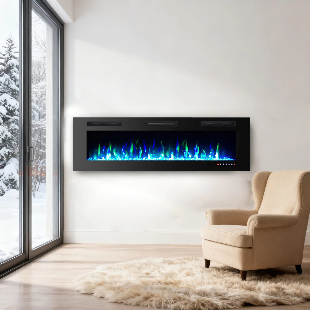 40, 50, 60-inch factory direct sales wall-mounted artificial flame flat tempered glass electric fireplace