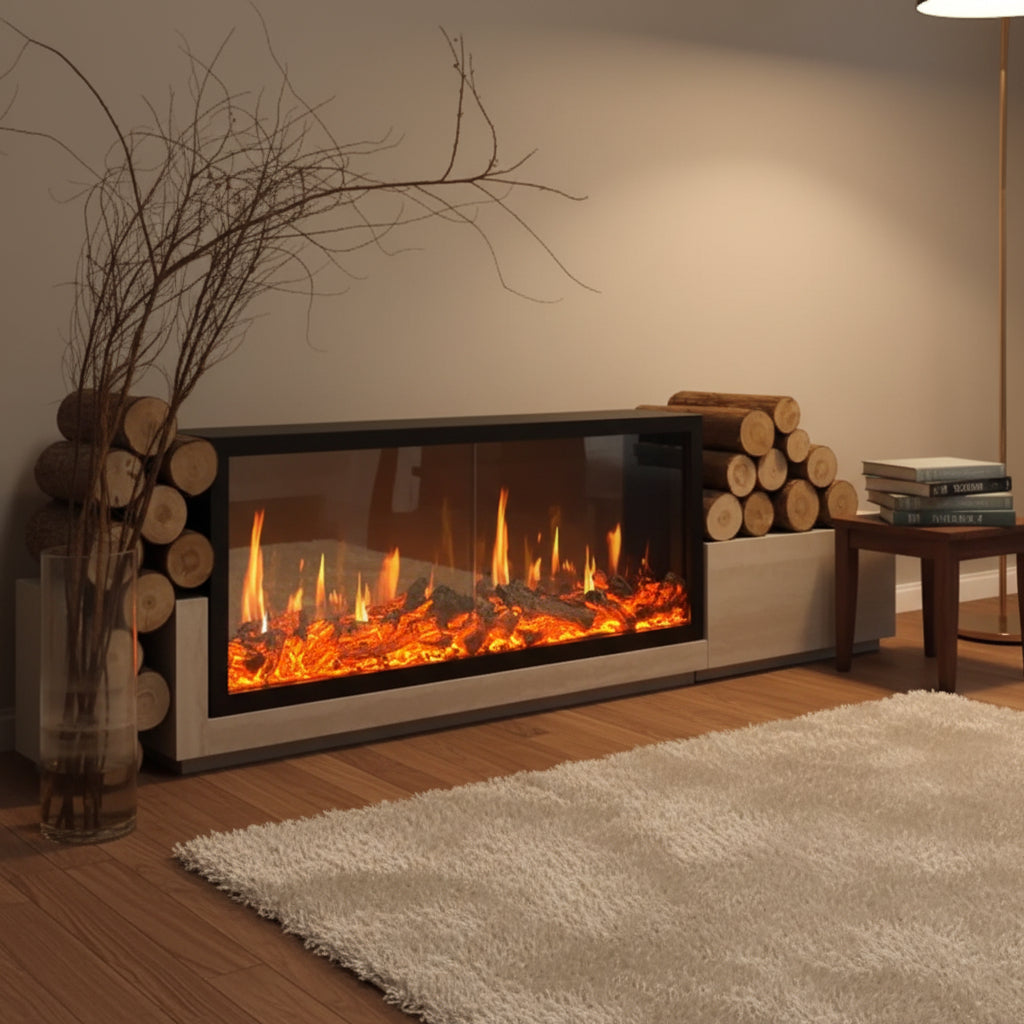 Built-in electric fireplace with LCD screen - multi-scene flame effects, remote control operation, adjustable heating, energy saving