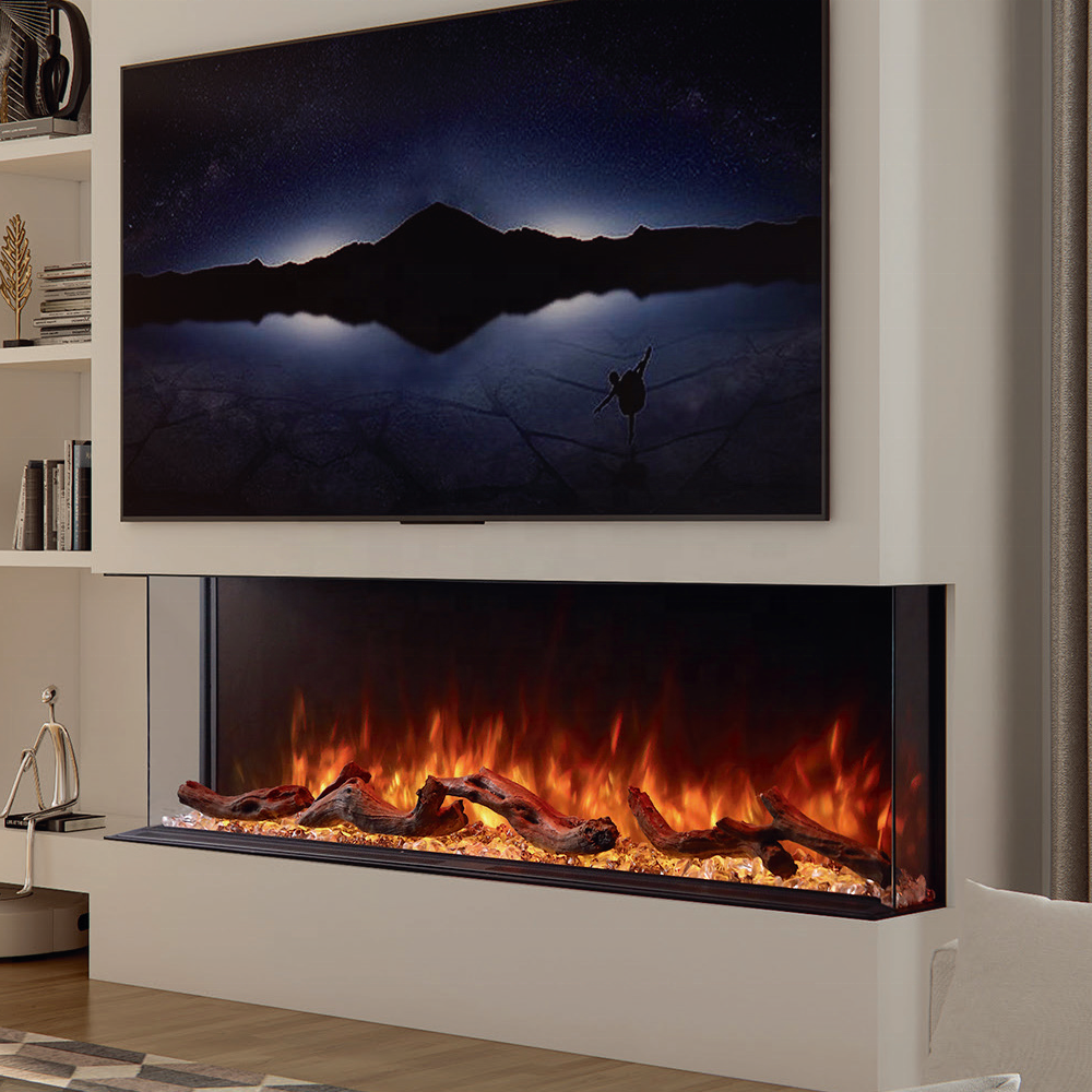 Multi Size 44"-96" Hardwired 3-Sided View Electric Fireplace Insert, Black Recessed Built-in Linear Electric Fireplace with Adjustable Flame, Free Decorative Logs & Crystal Stones, LED Fire Heater for Living Room Autumn Winter Home Decor Holiday