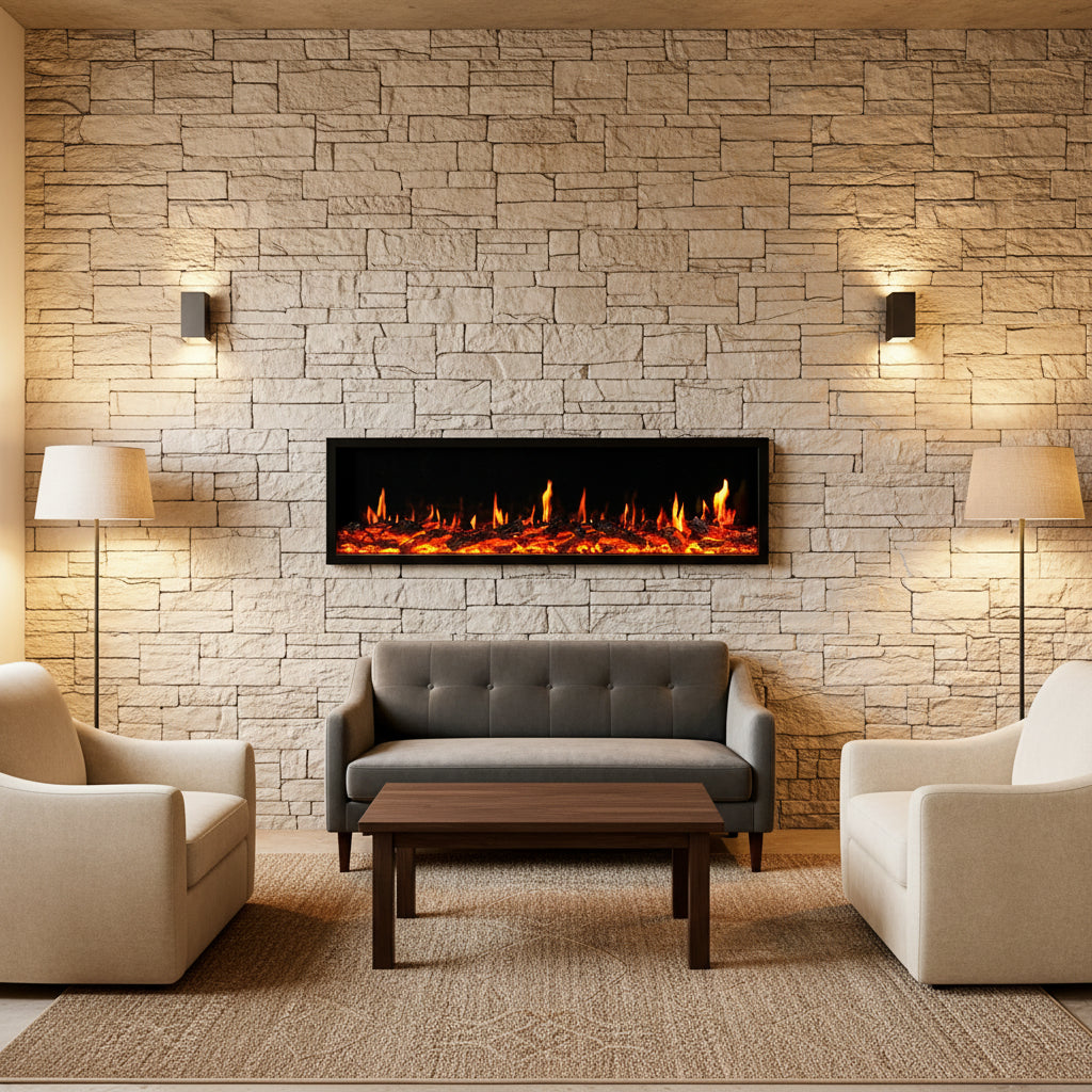 Built-in electric fireplace with LCD screen - multi-scene flame effects, remote control operation, adjustable heating, energy saving