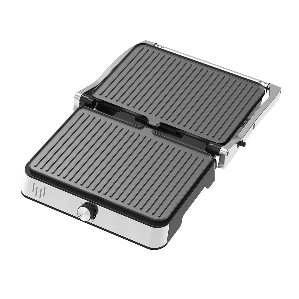 Stainless Steel Electric Contact Grill Panini Press, 180° Fully Open Flat Griddle, Manual Knob Temperature Control, Non‑Stick Cooking Plates, Countertop Indoor BBQ Grill for Home Kitchen, Steak Burgers Sandwich Breakfast Meal Prep