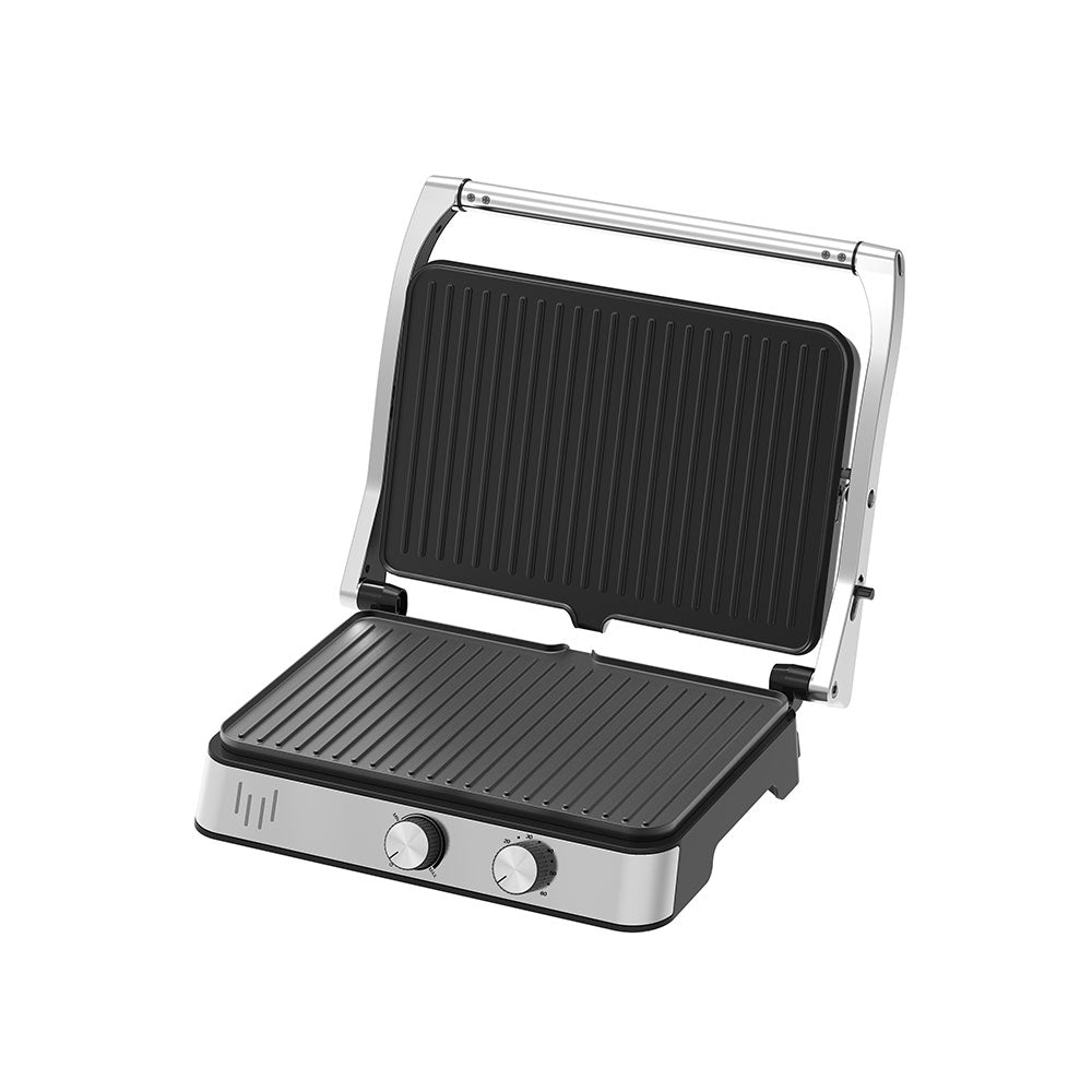 180 Degree Open Panini Press Grill, Stainless Steel Housing Electric Griddle, Dual Separate Temperature Control Knobs, Non‑Stick Removable Plates, Household Kitchen Appliance for Family Dinner & Weekend Indoor Grilling