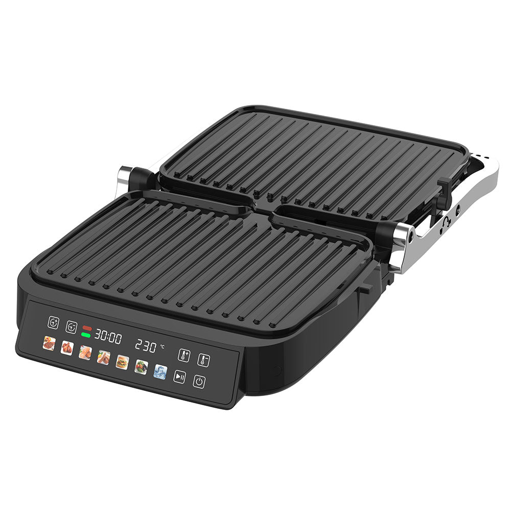 Digital Electric Contact Grill Panini Press, 180° Fully Open Flat Griddle, LCD Touch Control Non‑Stick Plates, Adjustable Temp & Timer, Countertop Indoor BBQ Grill for Home Kitchen, Steak Burgers Sandwich Meal Prep