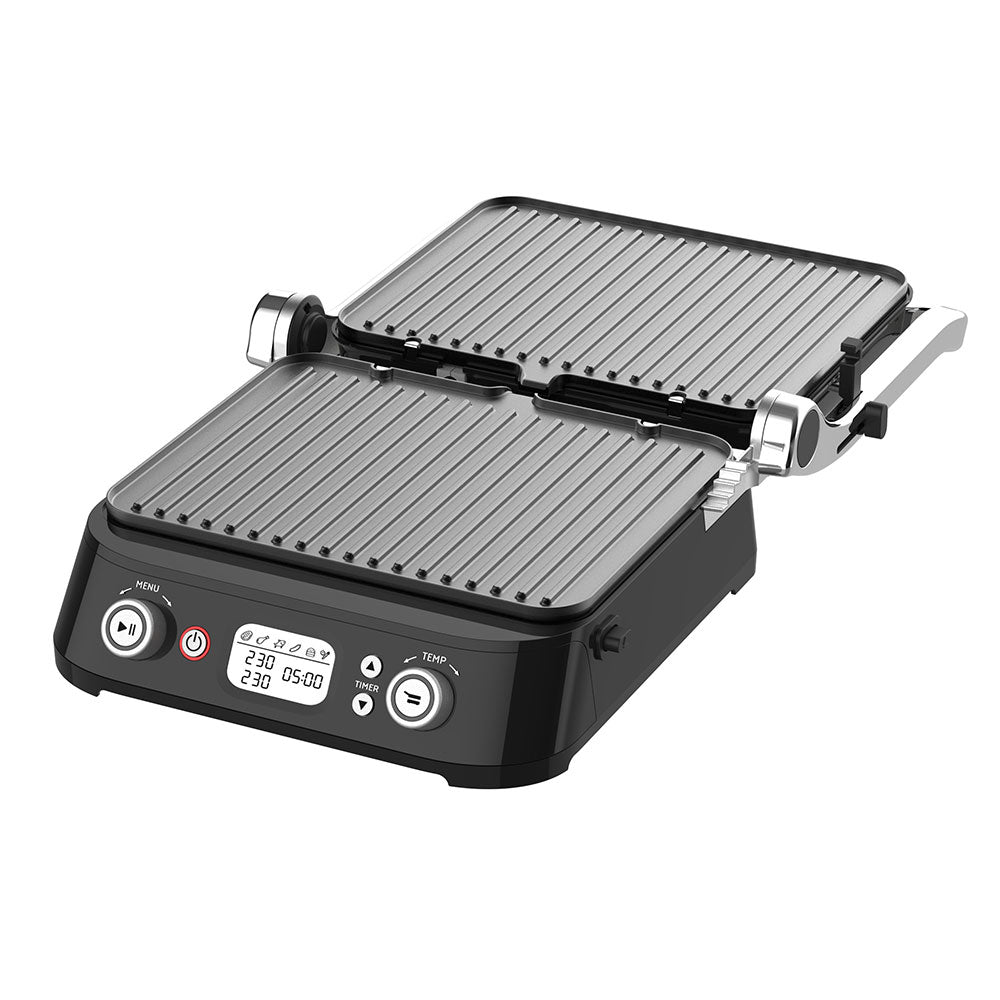 Digital LCD Electric Contact Grill Panini Press, 180° Fully Open Flat Griddle, Dual Knob Control with Timer & Temperature Setting, Non‑Stick Removable Plates, Countertop Indoor BBQ Grill for Home Kitchen, Steak Burgers Sandwich Meal Prep