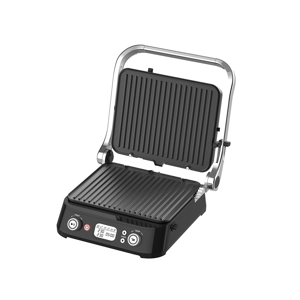Digital LCD Electric Contact Grill Panini Press, 180° Fully Open Flat Griddle, Dual Knob Control with Timer & Temperature Setting, Non‑Stick Removable Plates, Countertop Indoor BBQ Grill for Home Kitchen, Steak Burgers Sandwich Meal Prep