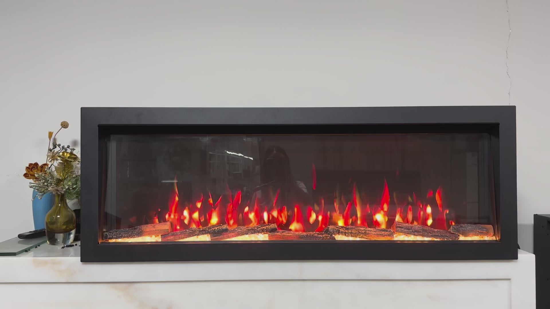 Linear Recessed Electric Fireplace Insert, Wall Embedded Electric Fire Heater, Realistic 3D Flame, Matte Black Long Frame, Free Decorative Fire Log Set, Overheat Safety Protection, Living Room Winter Heating, Christmas Home Renovation Decor