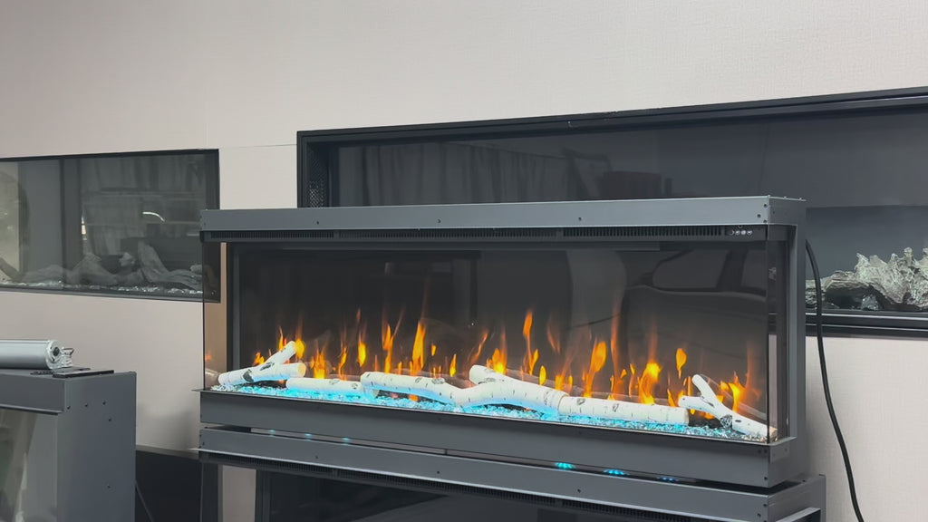 Recessed Linear Electric Fireplace Insert, Wall Mounted Electric Fire Heater, Realistic 3D Flame Effect, Black Metal Frame, Birch Log Decor, For Living Room, Bedroom, Winter Heating, Christmas Home Decor, No Gas Safe Electric Fireplace